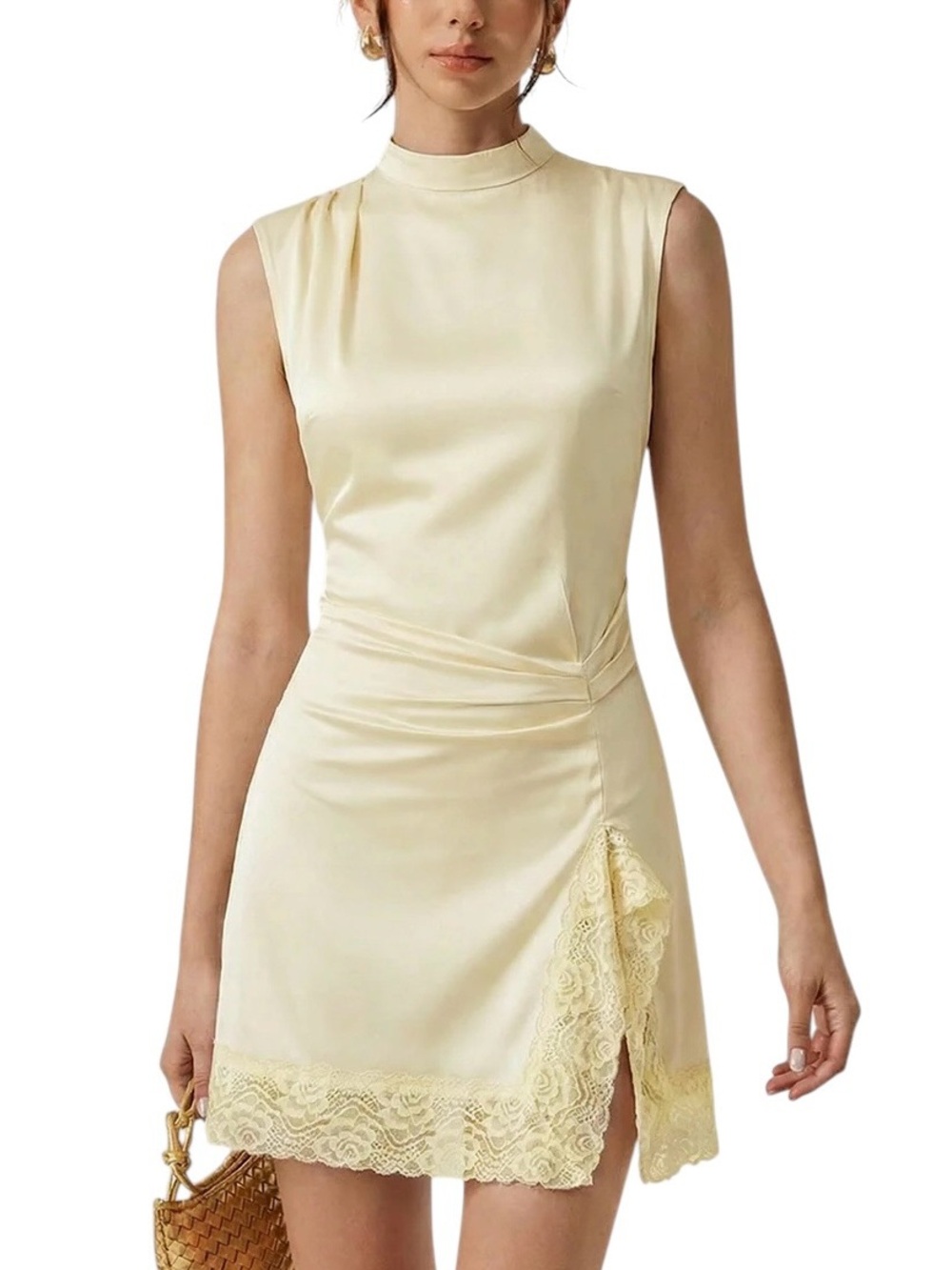 Commense Cream Satin Lace Trim Ruched Mini Dress Medium NWT